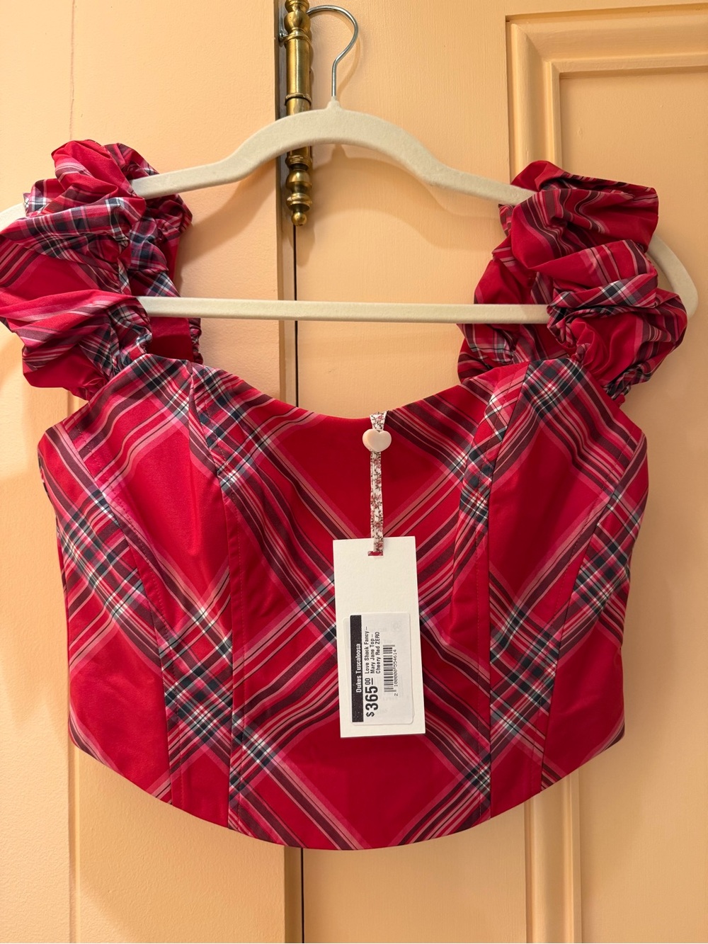 Plaid Puff-Sleeve Crop Top - Red - Loveshack Fancy